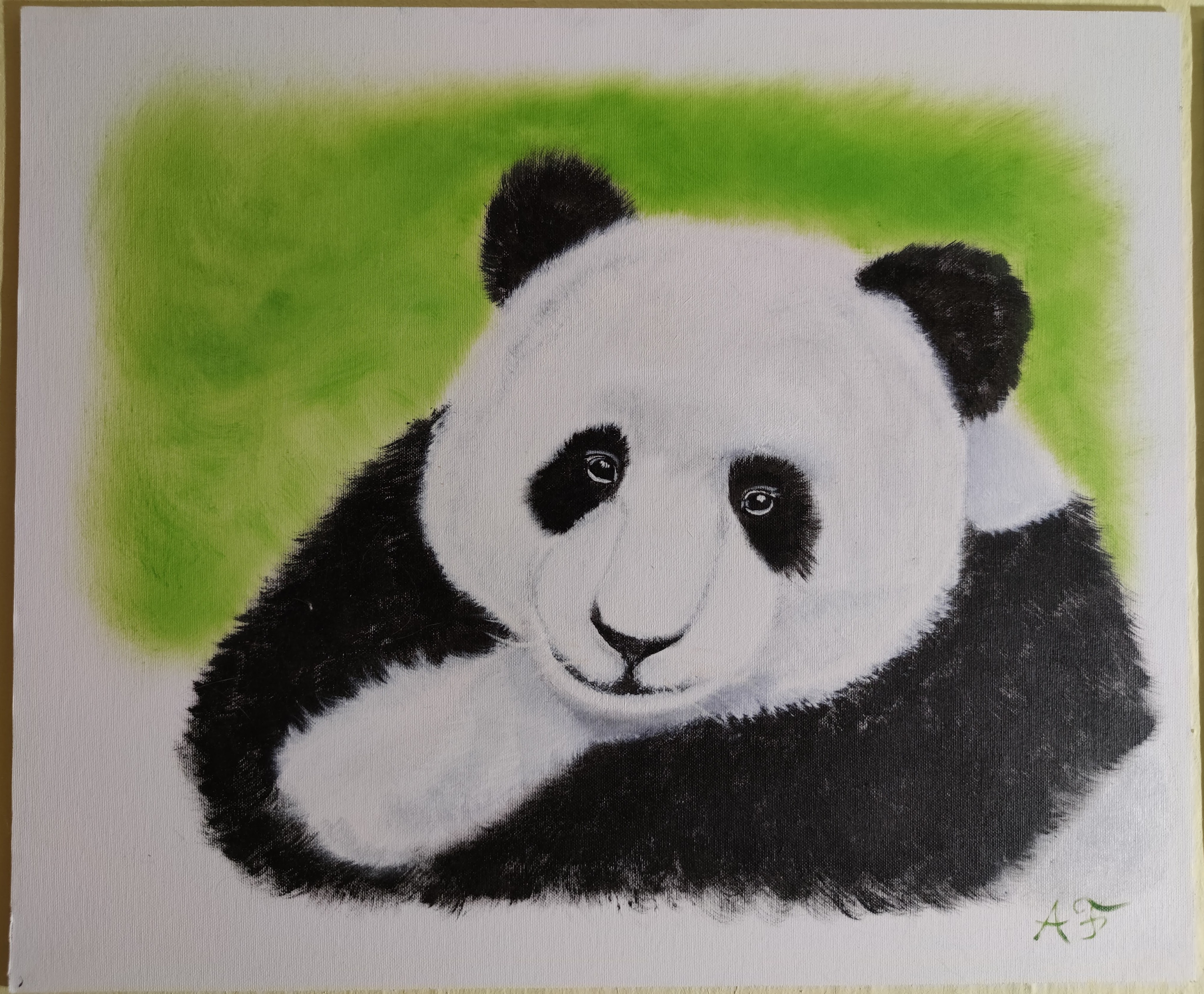 First painted animal was a Panda. Combination of acryl background phase and oil coloring.