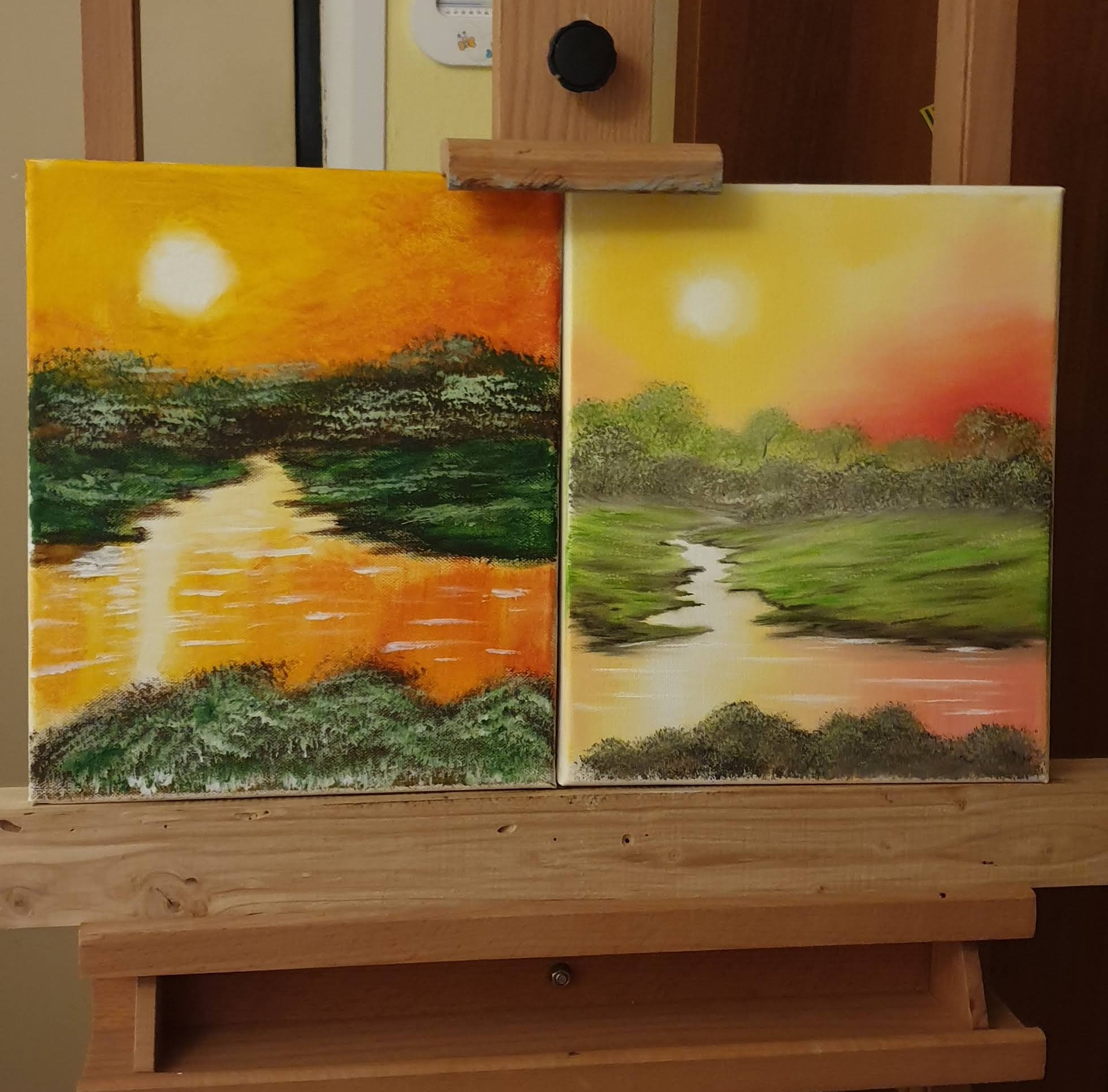 The Sunset painting comparing before and after a year.