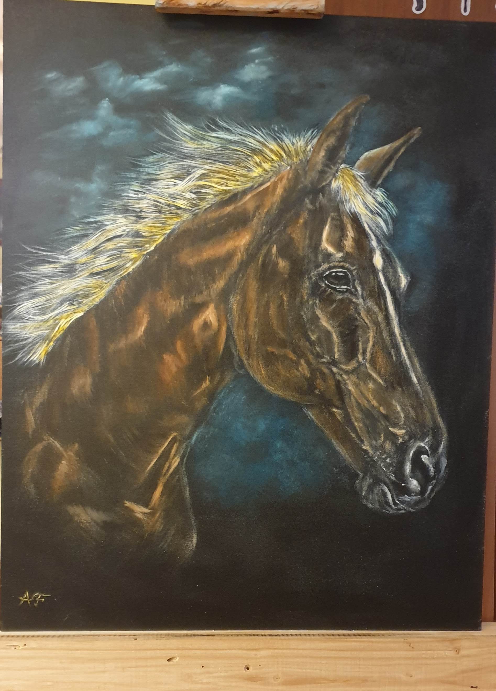 The horse with golded mane in the dark night.
